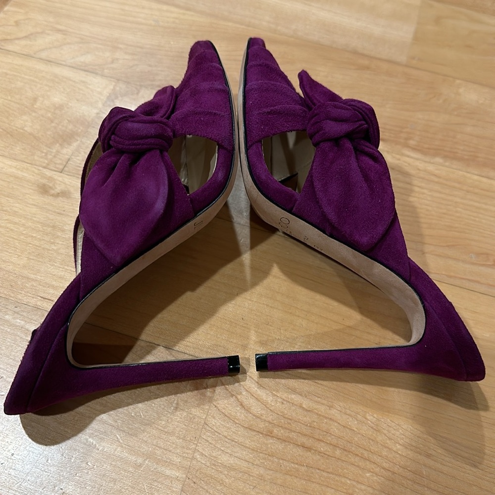 Sexy Jimmy Choo Keely suede magenta bow open toe mules heels sz 35 - Picture 9 of 11